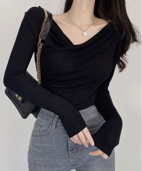 tシャツ ネック ドレープ ロング スリーブ カットソー レディース