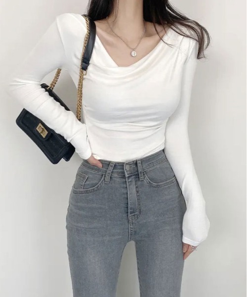 tシャツ ネック ドレープ ロング スリーブ カットソー レディース