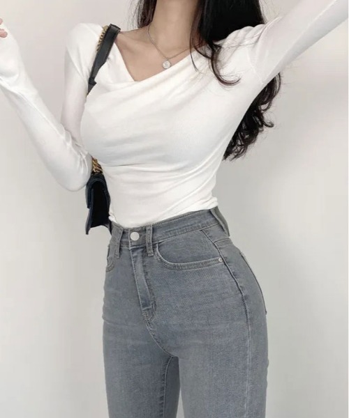tシャツ ネック ドレープ ロング スリーブ カットソー レディース