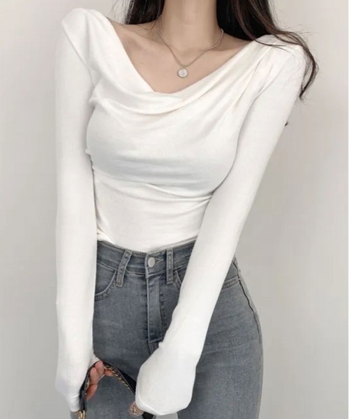 tシャツ ネック ドレープ ロング スリーブ カットソー レディース