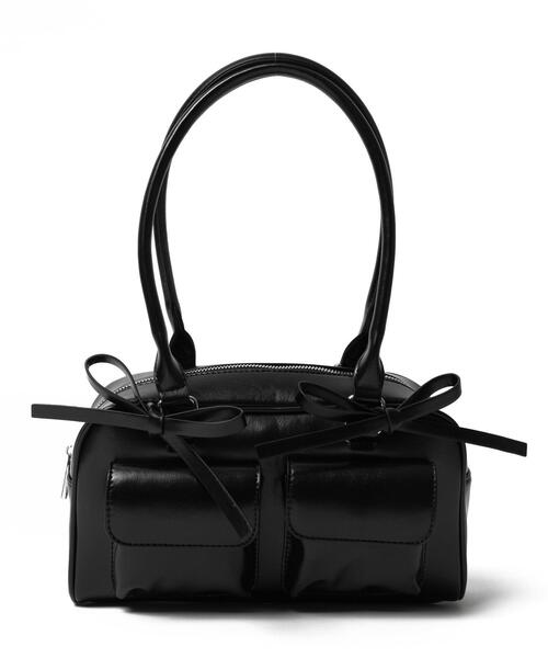 リボン付き黒ハンドバッグ WEGO バッグ ハンドバッグ WEGO/リボン付きボストンバッグ