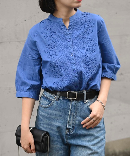 ＆HALF ブラウス シャツ インド綿ハーフスリーブフラワー刺繍ブラウス