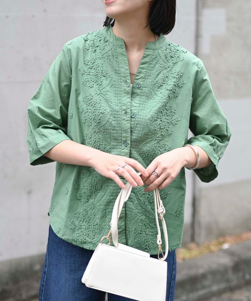 ＆HALF ブラウス シャツ インド綿ハーフスリーブフラワー刺繍ブラウス