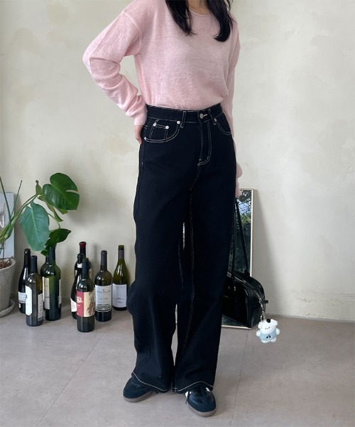 by muni:r ジーンズ デニム デニムパンツ リボン刺繍ポケットパンツ