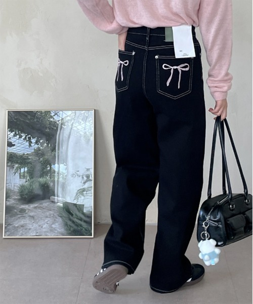 by muni:r ジーンズ デニム デニムパンツ リボン刺繍ポケット