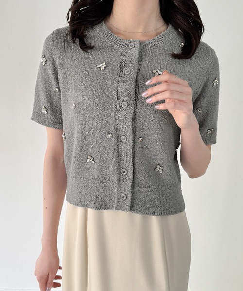 JUNOAH（ジュノア） カーディガン 半袖 ビジュー半袖ニット