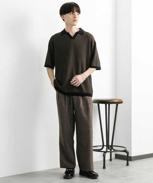 【boohoo】 テクスチャニットVネックポロシャツ＆パンツセット boohoo】 テクスチャニットVネックポロシャツ＆パンツセット
