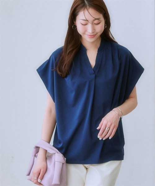 ネイビー 半袖 カットソー 切りっぱなし加工 7days Life Styling tシャツ 半袖 「接触冷感」シルケット加工フレンチ