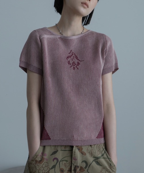 tシャツ フラワーモチーフアシンメトリーネック配色リブトップス レディース tシャツ フラワーモチーフアシンメトリーネック配色リブトップス