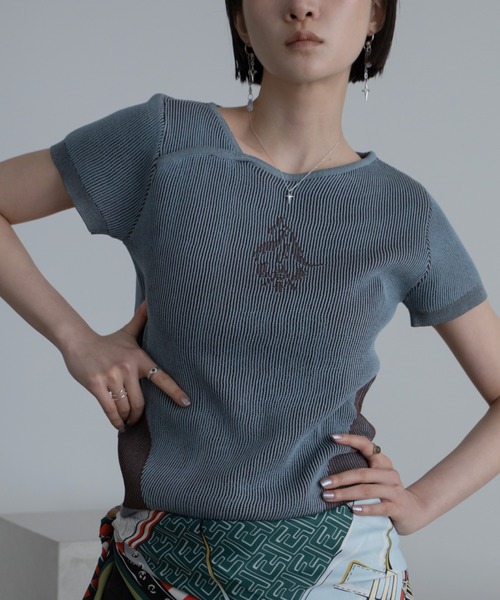 tシャツ フラワーモチーフアシンメトリーネック配色リブトップス レディース tシャツ フラワーモチーフアシンメトリーネック配色リブトップス