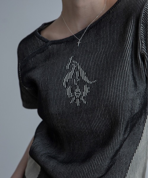 tシャツ フラワーモチーフアシンメトリーネック配色リブトップス レディース