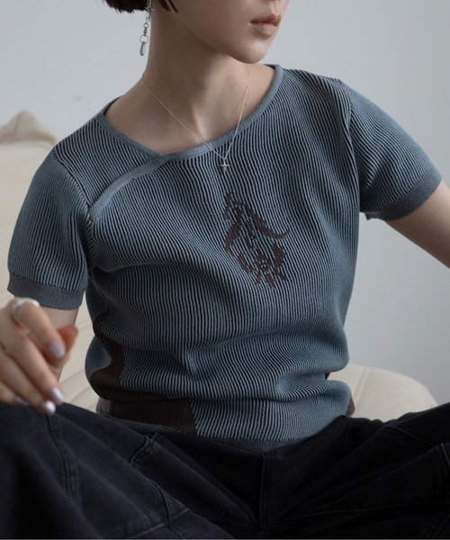 tシャツ 半袖 フラワーモチーフアシンメトリーネック配色リブトップス