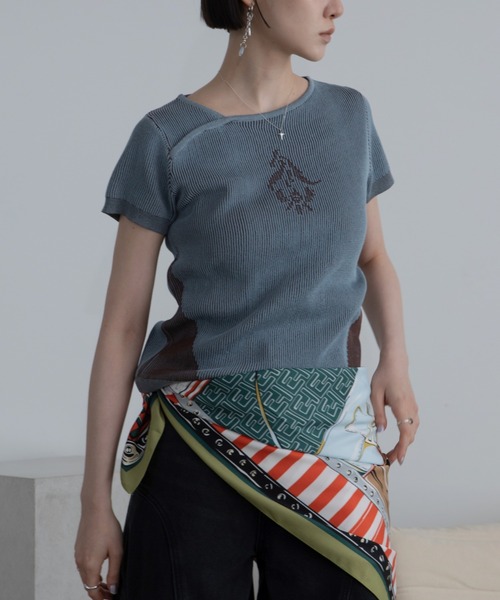 tシャツ 半袖 フラワーモチーフアシンメトリーネック配色リブトップス