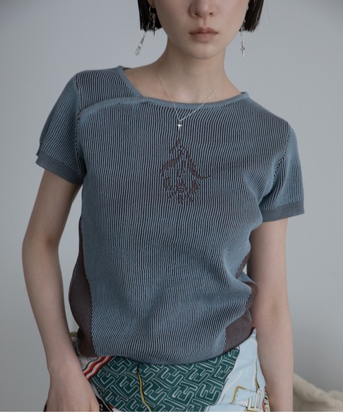 tシャツ 半袖 フラワーモチーフアシンメトリーネック配色リブトップス