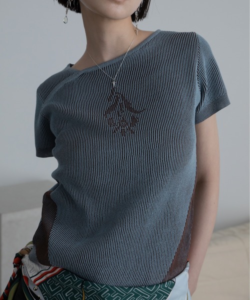 tシャツ 半袖 フラワーモチーフアシンメトリーネック配色リブトップス