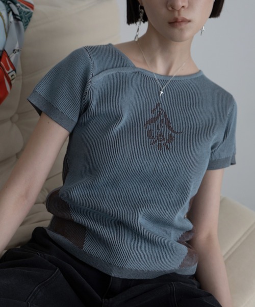 tシャツ 半袖 フラワーモチーフアシンメトリーネック配色リブトップス