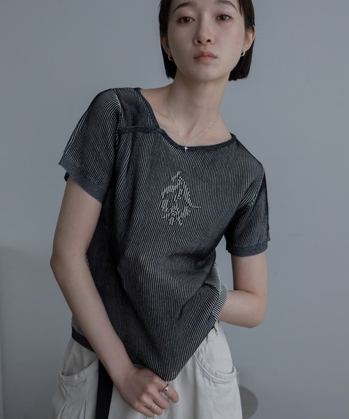 tシャツ 半袖 フラワーモチーフアシンメトリーネック配色リブトップス