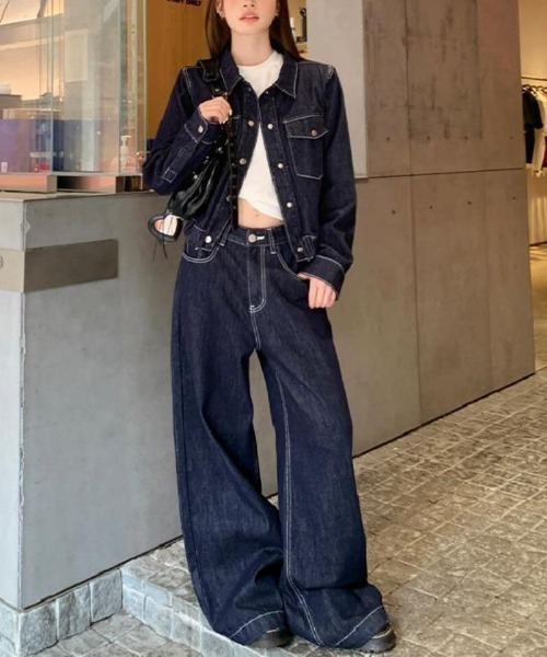 セットアップ ショートデニムジャケット ＋ ハイウエストワイドレッグ