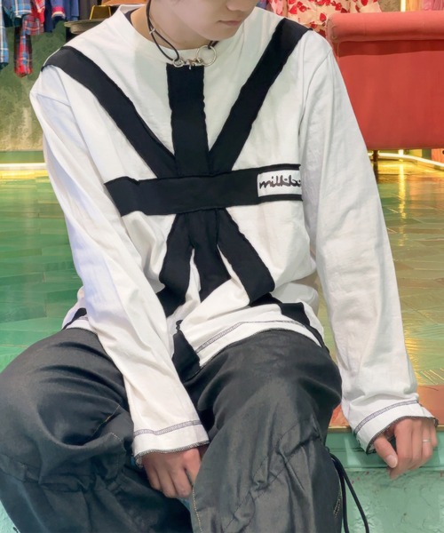 MILKBOY ハーネスプリント 長袖カットソー ホワイト パラシュートT