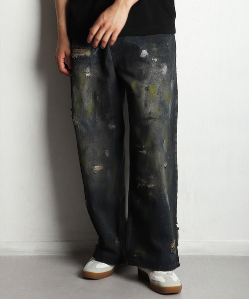 メンズ DENIME ペイント加工 ブラックデニムパンツ