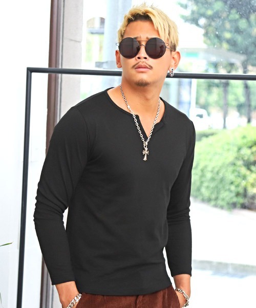 メタルフック キーネック Tシャツ メンズ 長袖 半袖 3色 hr7822 LUXSTYLE tシャツ スラブキーネック長袖Tシャツ メンズ