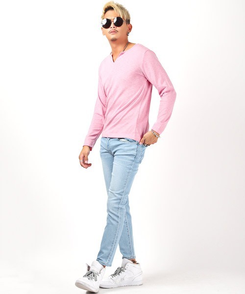 LUXSTYLE tシャツ スラブキーネック長袖Tシャツ メンズ
