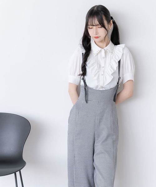 フリルスリーブTシャツ サスペンダーワイドパンツセット 4071703 セール】【WEB限定】フリルサスペンダー付チェックワイドパンツ
