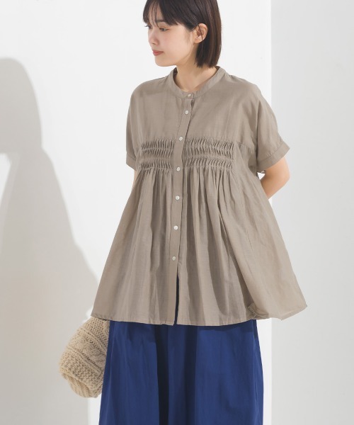 ☆大きいサイズ・5L☆23区　半袖プルオーバーブラウス　ブラック　ギャザータック OMNES（ファッション） ブラウス シャツ コットンボイルタック