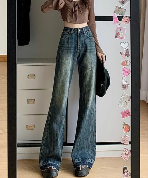 ワイドパンツ ジーンズ デニム デニムパンツ カットオフ ハイウエスト セミ バギー デニム レディース | ブランド登録なし | 02