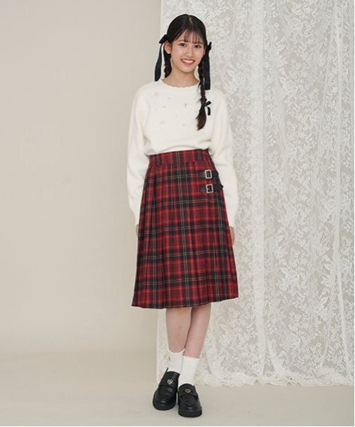 【mezzo piano junior】160新品未使用プリーツミニスカート mezzo piano Junior スカート バックルベルト付きミディ丈
