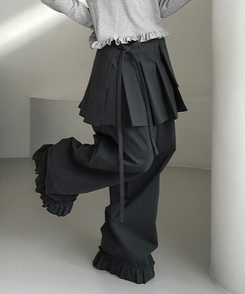 ワイドパンツ スラックス パンツ Skirt layered frill wide pants
