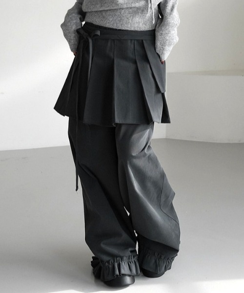 ワイドパンツ スラックス パンツ Skirt layered frill wide pants