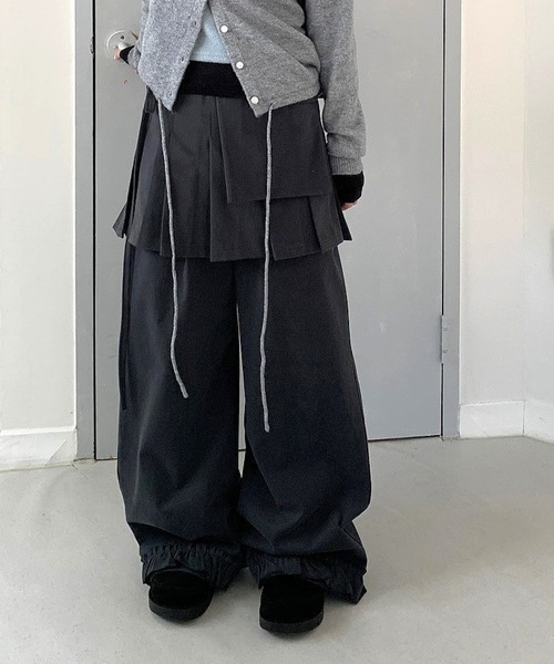ワイドパンツ スラックス パンツ Skirt layered frill wide pants