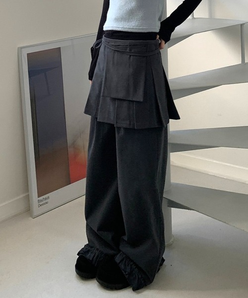 ワイドパンツ スラックス パンツ Skirt layered frill wide pants