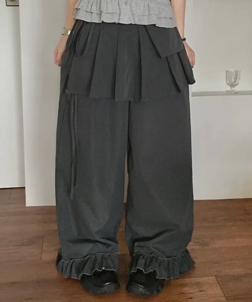 ワイドパンツ スラックス パンツ Skirt layered frill wide pants