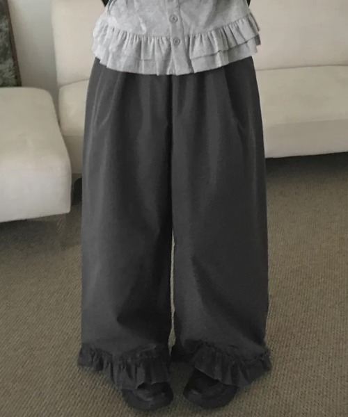 ワイドパンツ スラックス パンツ Skirt layered frill wide pants