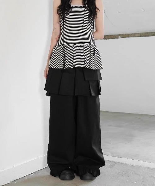 ワイドパンツ スラックス パンツ Skirt layered frill wide pants