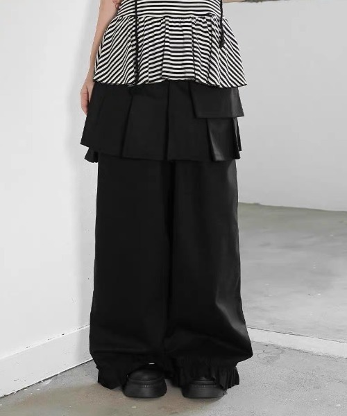 ワイドパンツ スラックス パンツ Skirt layered frill wide pants