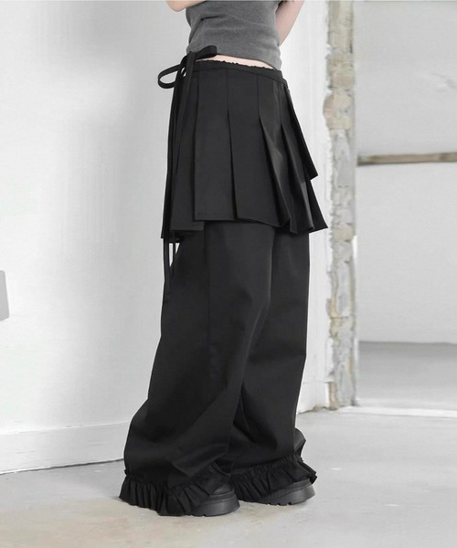 ワイドパンツ スラックス パンツ Skirt layered frill wide pants