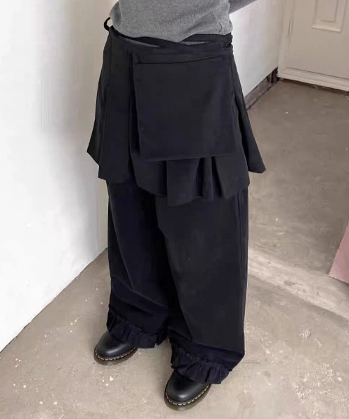 ワイドパンツ スラックス パンツ Skirt layered frill wide pants
