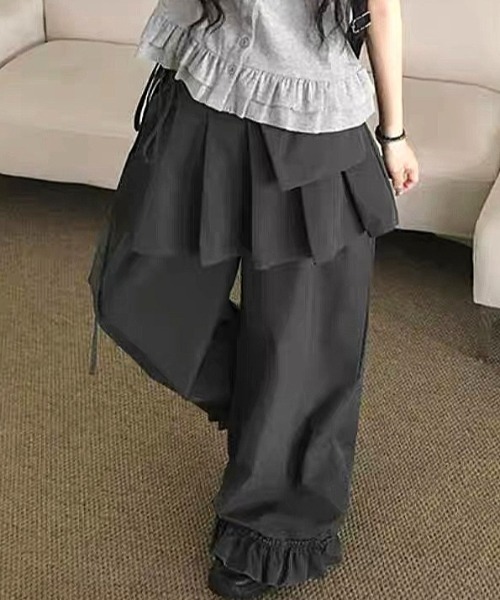 ワイドパンツ スラックス パンツ Skirt layered frill wide pants