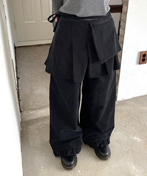 ワイドパンツ スラックス パンツ Skirt layered frill wide pants