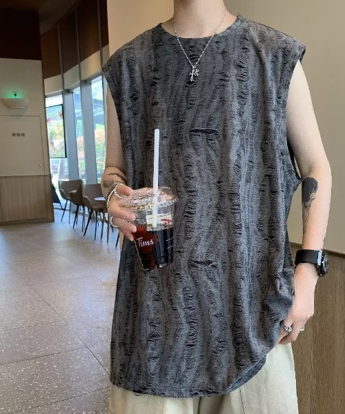 link lot タンクトップ ダメージ加工ビッグノースリーブTシャツ メンズ