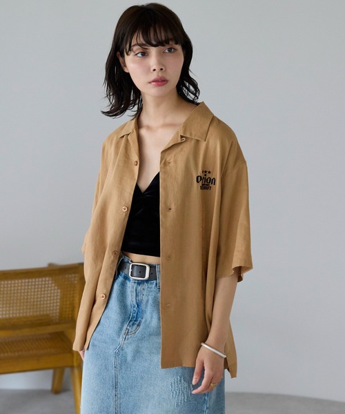 SOTT リネンシャツ ブラウス シャツ 夏 半袖 Orion Beer Embroidered
