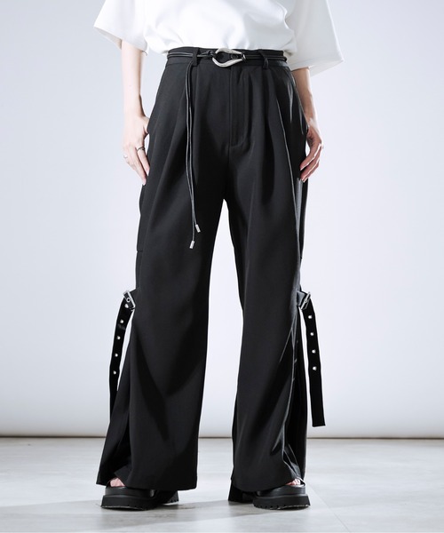 Ellno Loset パンツ サイドプリーツハトメベルトパンツ メンズ