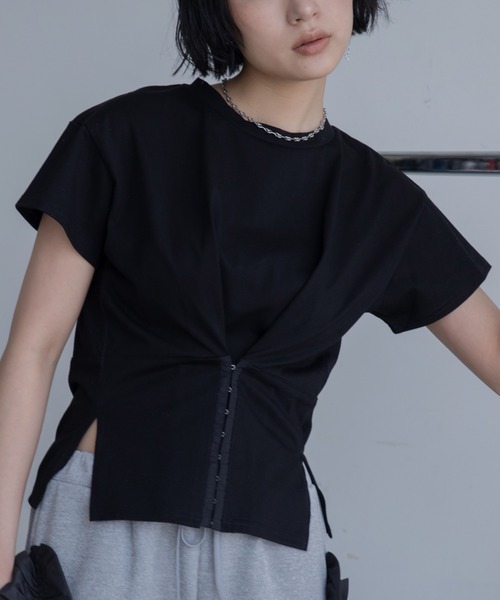 コルセットライクカットトップス ブラック tシャツ 半袖 コルセットライクショートスリーブトップス レディース