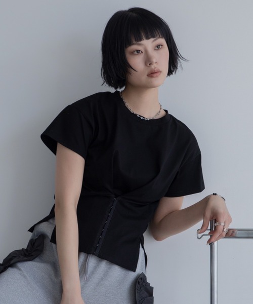 tシャツ 半袖 コルセットライクショートスリーブトップス レディース