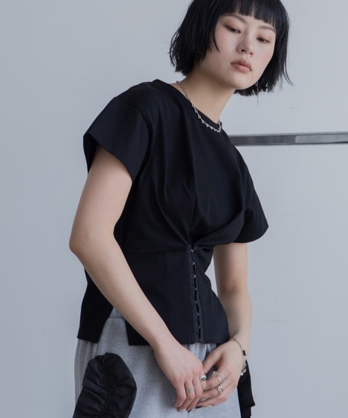 tシャツ 半袖 コルセットライクショートスリーブトップス レディース