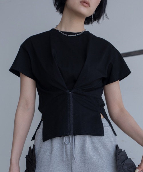 コルセットライクカットトップス ブラック tシャツ 半袖 コルセットライクショートスリーブトップス レディース