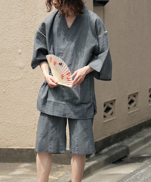 綿麻しじら織り浴衣　黒地✕ストライプ Amazon.co.jp: □最高級しじら織浴衣 波縞紺□反物染め抜きの